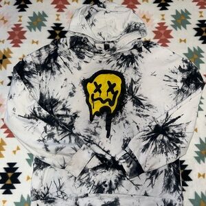 Black and White Tie-Dye Hoodie with Yellow Graphic